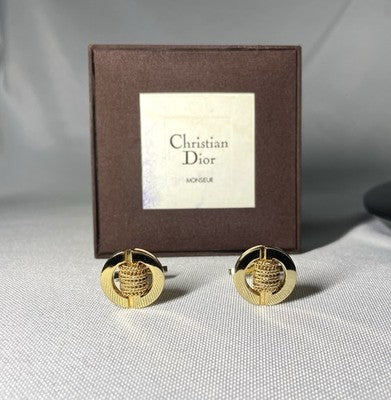 Auth [Beautiful] Dior CD & mesh Design & Oval vintage Cufflinks Gold +Box Gift