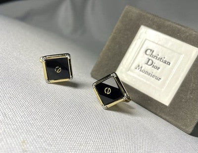 Auth [Rare] Dior CD Logo & Black stone & gray vintage Cufflinks Gold +Box Gift