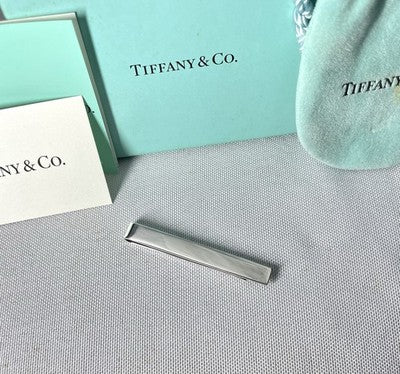 Auth Beautiful Tiffany mirror Sterling Silver SV925 Tie Clip Bar pin Gift +Box