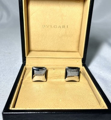 Auth [Rare] BVLGARI Brand Logo Sterling Silver 925 & Black Cufflinks Business