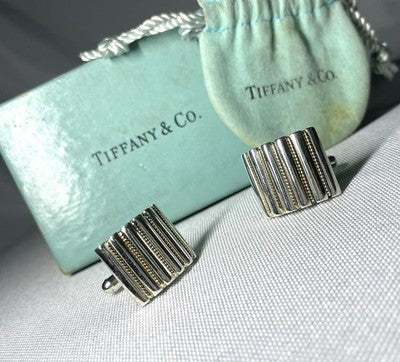 Auth [Rare] TIFFANY 18K AU750 & SV925 silver Vintage cufflinks Business &Box