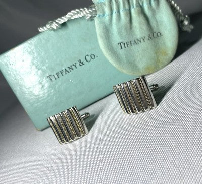 Auth [Rare] TIFFANY 18K AU750 & SV925 silver Vintage cufflinks Business &Box