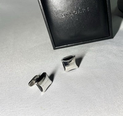 Auth [Rare] BVLGARI Brand Logo Sterling Silver 925 & Black Cufflinks Business