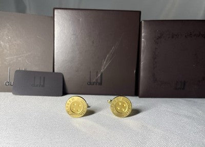 Auth [Beautiful] ALFRED DUNHILL Logo Gold metallic Oval Cufflinks +Box Gift
