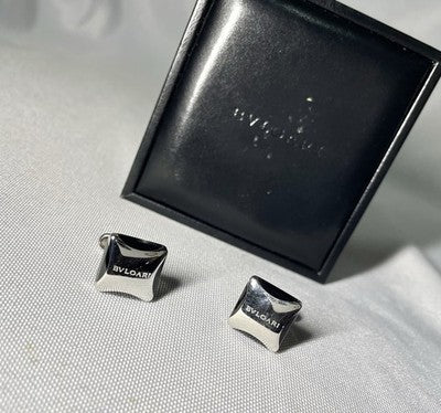 Auth [Rare] BVLGARI Brand Logo Sterling Silver 925 & Black Cufflinks Business