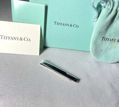 Auth Beautiful Tiffany mirror Sterling Silver SV925 Tie Clip Bar pin Gift +Box