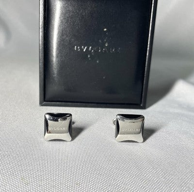 Auth [Rare] BVLGARI Brand Logo Sterling Silver 925 & Black Cufflinks Business