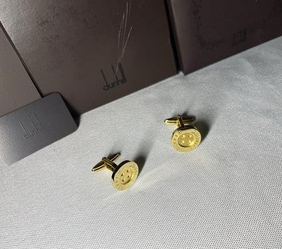 Auth [Beautiful] ALFRED DUNHILL Logo Gold metallic Oval Cufflinks +Box Gift