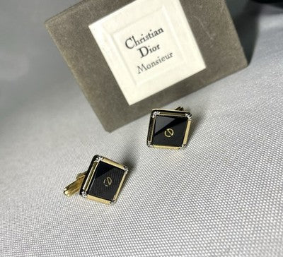 Auth [Rare] Dior CD Logo & Black stone & gray vintage Cufflinks Gold +Box Gift