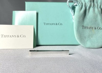 Auth Beautiful Tiffany mirror Sterling Silver SV925 Tie Clip Bar pin Gift +Box