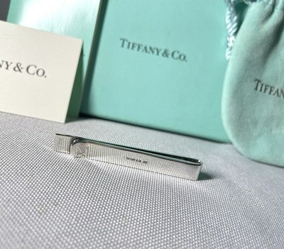 Auth Beautiful Tiffany mirror Sterling Silver SV925 Tie Clip Bar pin Gift +Box
