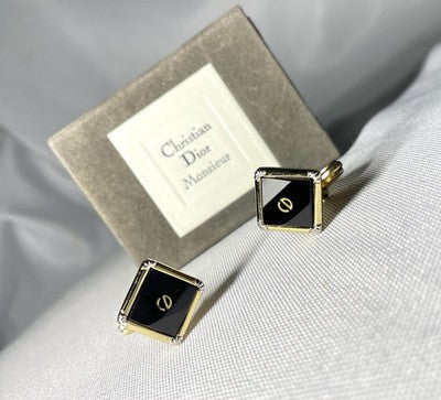 Auth [Rare] Dior CD Logo & Black stone & gray vintage Cufflinks Gold +Box Gift