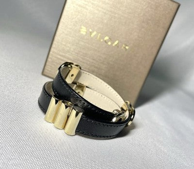 Auth [Beautiful] BVLGARI B-ZERO Doppio Tondo Leather Bracelet Gold&Black Unisex