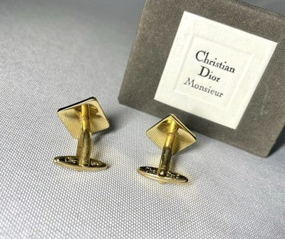 Auth [Rare] Dior CD Logo & Black stone & gray vintage Cufflinks Gold +Box Gift