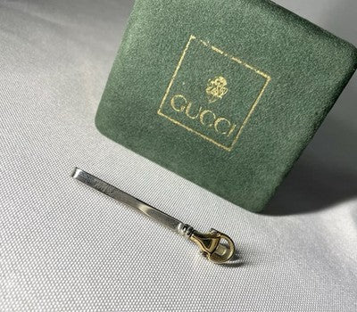 Auth [Rare] Old GUCCI Horse Bit Vintage Tie Clip Gold & Silver bar +Box Business