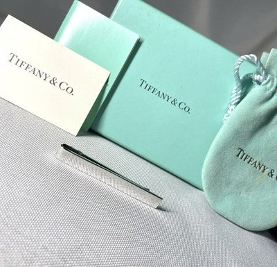 Auth Beautiful Tiffany mirror Sterling Silver SV925 Tie Clip Bar pin Gift +Box