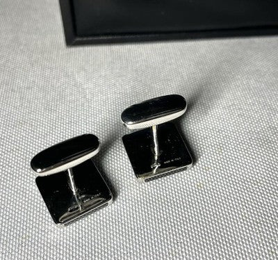 Auth [Rare] BVLGARI Brand Logo Sterling Silver 925 & Black Cufflinks Business