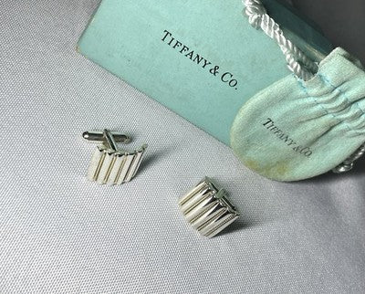 Auth [Rare] TIFFANY 18K AU750 & SV925 silver Vintage cufflinks Business &Box