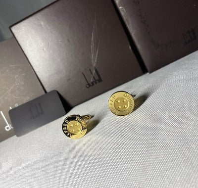 Auth [Beautiful] ALFRED DUNHILL Logo Gold metallic Oval Cufflinks +Box Gift