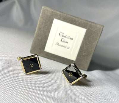 Auth [Rare] Dior CD Logo & Black stone & gray vintage Cufflinks Gold +Box Gift