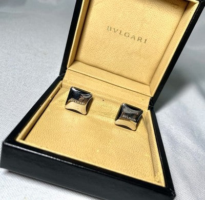 Auth [Rare] BVLGARI Brand Logo Sterling Silver 925 & Black Cufflinks Business