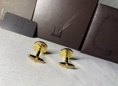 Auth [Beautiful] ALFRED DUNHILL Logo Gold metallic Oval Cufflinks +Box Gift