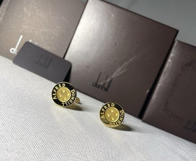 Auth [Beautiful] ALFRED DUNHILL Logo Gold metallic Oval Cufflinks +Box Gift