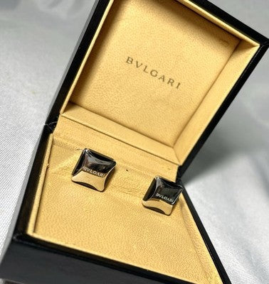 Auth [Rare] BVLGARI Brand Logo Sterling Silver 925 & Black Cufflinks Business