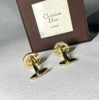 Auth [Beautiful] Dior CD & mesh Design & Oval vintage Cufflinks Gold +Box Gift