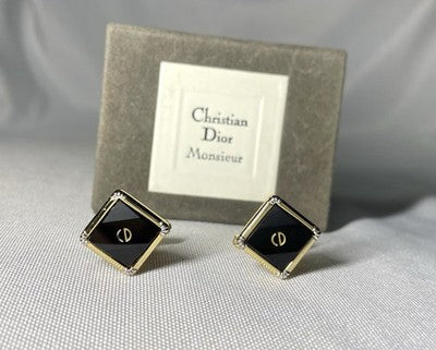 Auth [Rare] Dior CD Logo & Black stone & gray vintage Cufflinks Gold +Box Gift