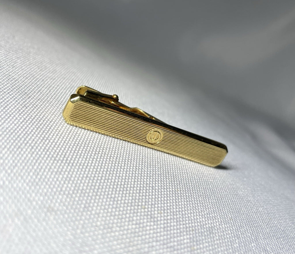 Auth Rare Dior CD Logo Stripe line Design Vintage Tie Clip Gold Bar pin Business