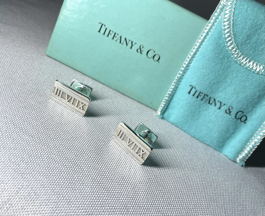 Auth Beautiful Tiffany Atlas square Cufflinks Sterling Silver 925 Business Gift