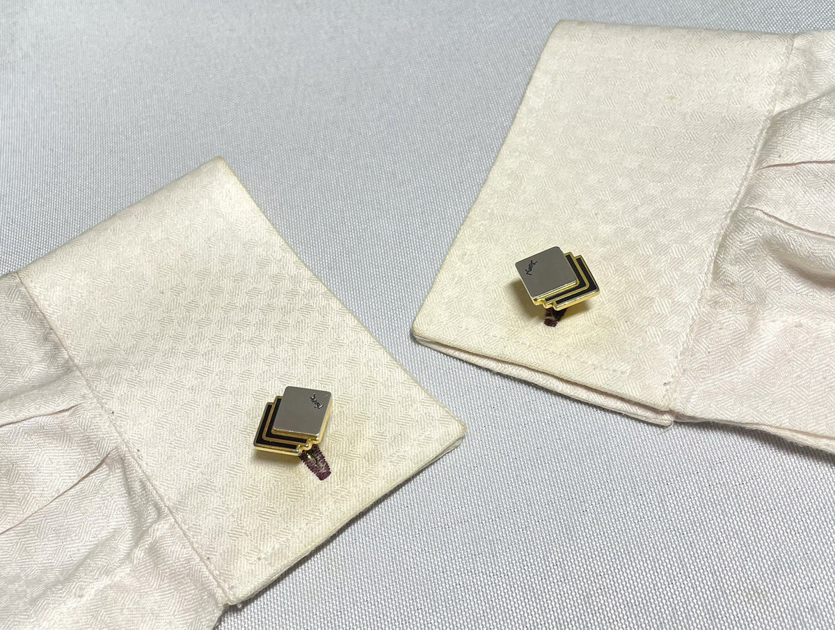 Auth Rare Yves Saint Laurent YSL logo black & gold & Matte silver cufflinks +Box
