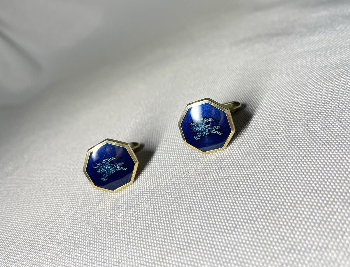 Auth [Rare] Burberry Equestrian Knight Logo gold & Blue Cufflinks Business men