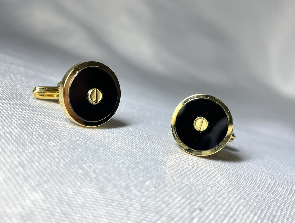 Auth [Rare] Dunhill Cufflinks D Logo Gold & Black Oval Vintage Antique Men's