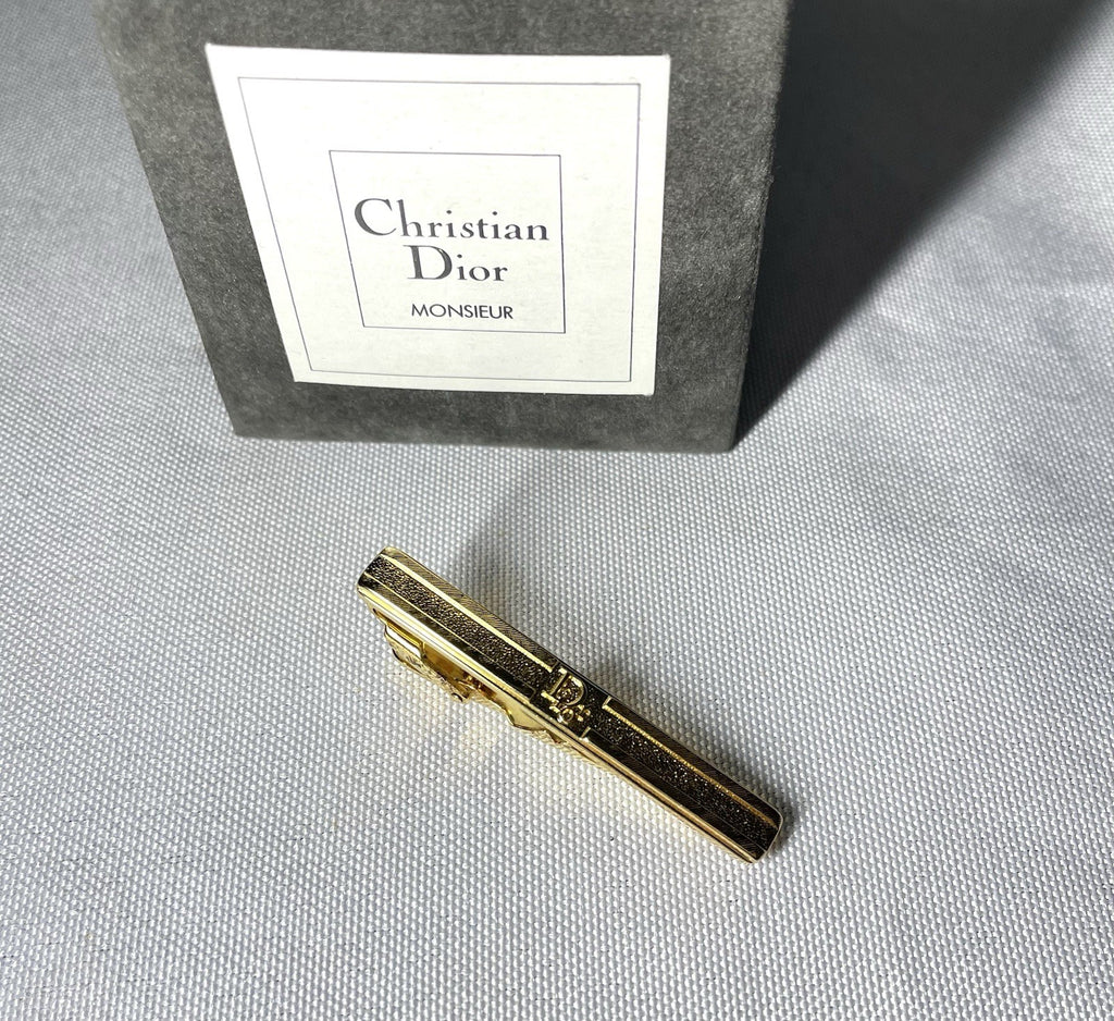Auth [Rare] Dior tie clip logo tie bar tie pin gold vintage Mens Business +Box