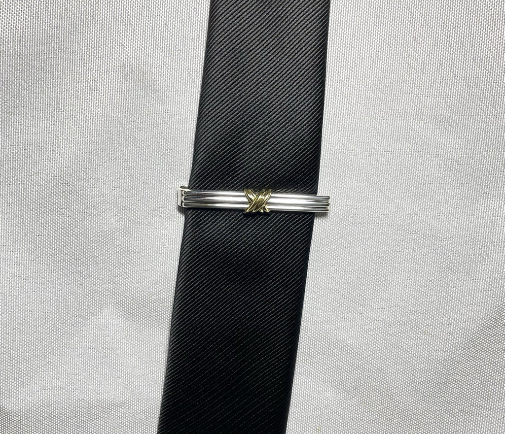 Auth [Beautiful] Tiffany Signature Cross&Stripe 18K 750 & SV925 tie clip pin bar