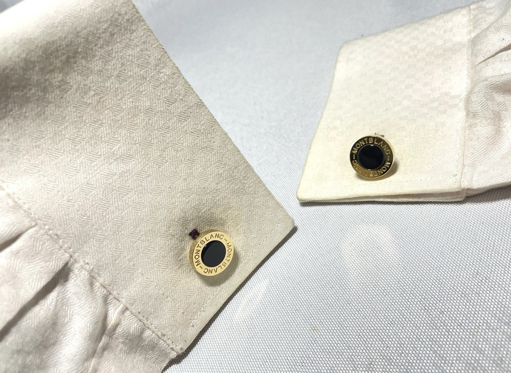 Auth [Beautiful] Montblanc Logo gold metallic & black onyx Oval cufflinks +Box
