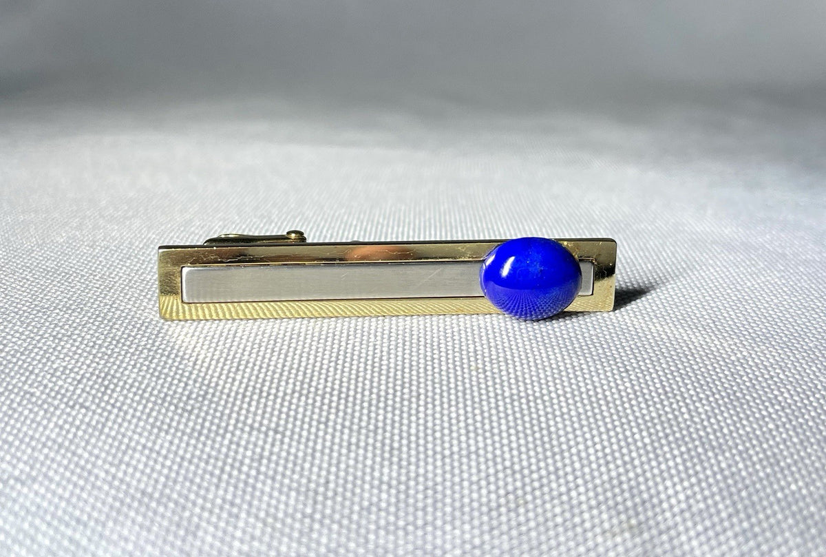 Auth Rare Dior Tie Clip Blue Stone Decorations & Gold Vintage bar pin
