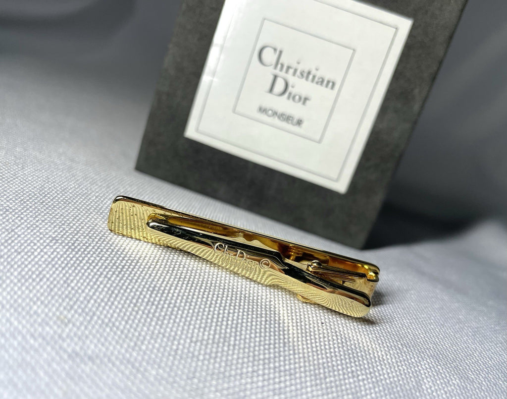 Auth [Rare] Dior tie clip logo tie bar tie pin gold vintage Mens Business +Box