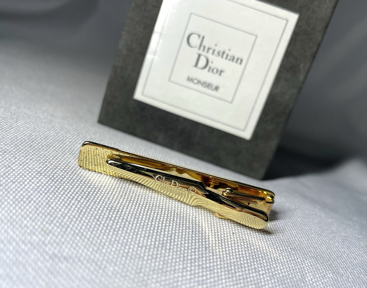 Auth [Rare] Dior tie clip logo tie bar tie pin gold vintage Mens Business +Box