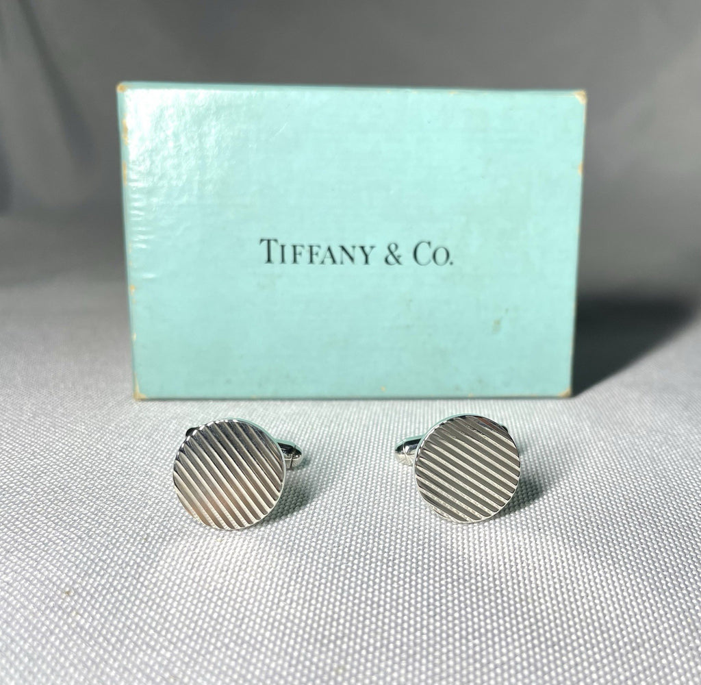 Auth [Beautiful] Tiffany Stripe Line Sterling Silver925 Vintage Cufflinks +Box
