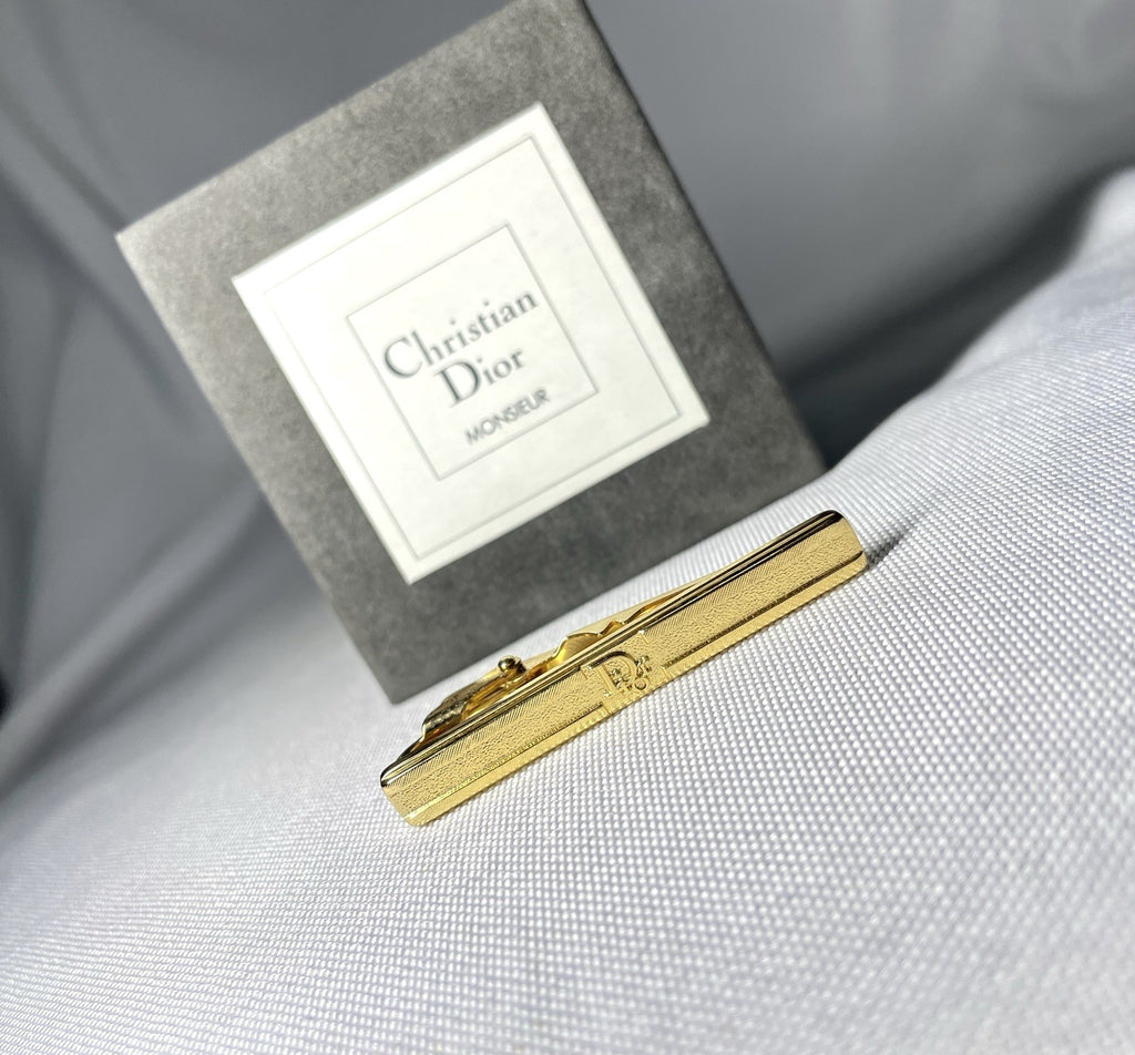 Auth [Rare] Dior tie clip logo tie bar tie pin gold vintage Mens Business +Box