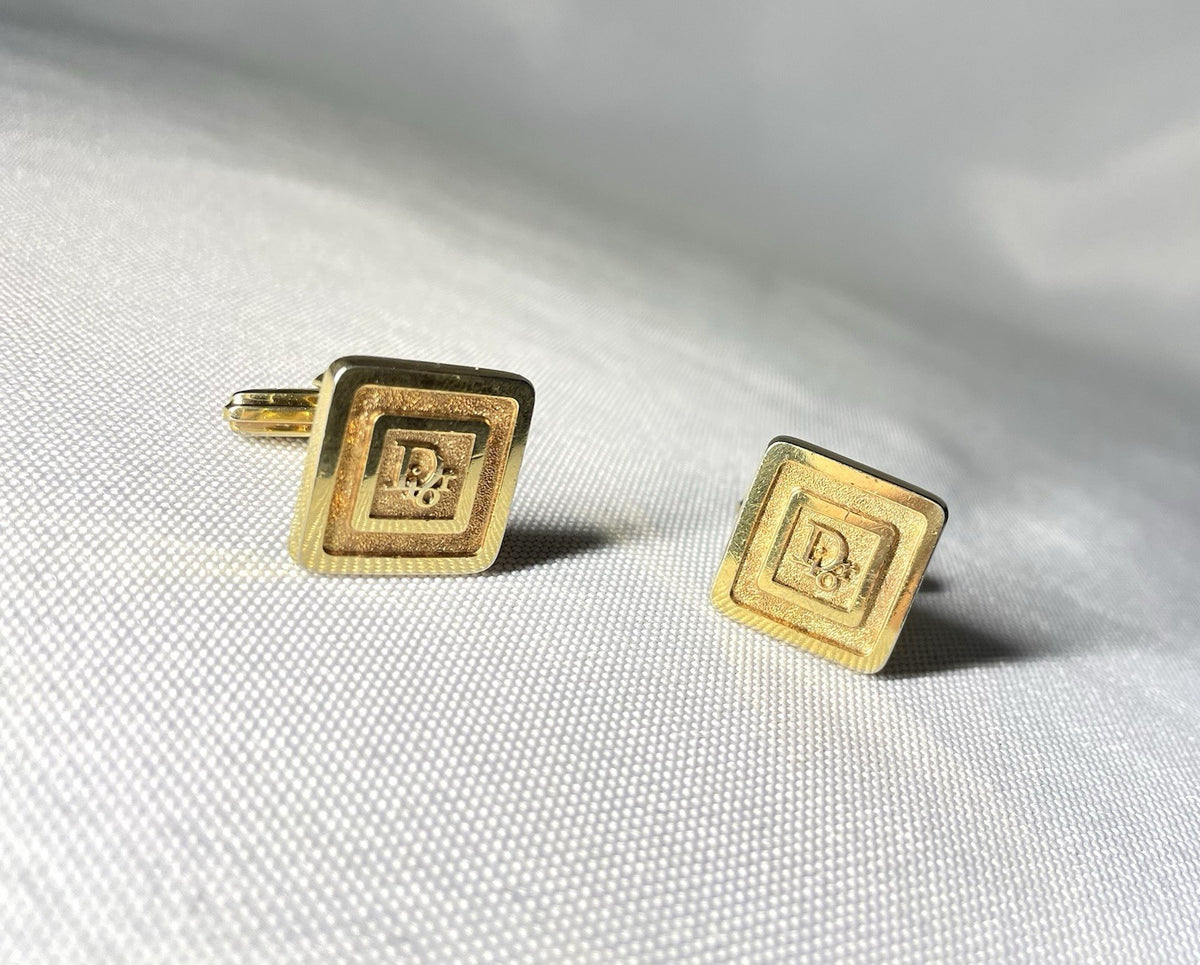 Auth [Rare] Dior Brand Logo & line Vintage square Cufflinks gold Business men