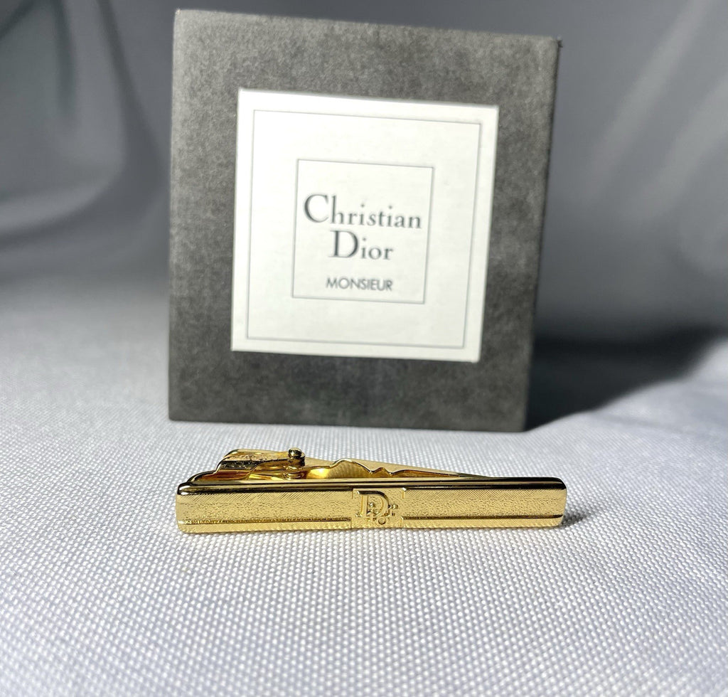 Auth [Rare] Dior tie clip logo tie bar tie pin gold vintage Mens Business +Box
