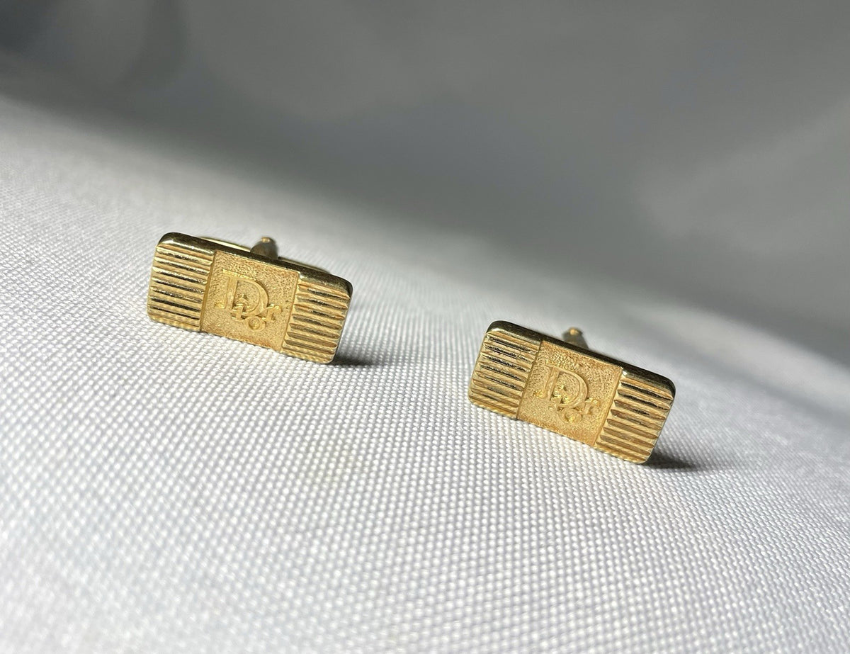 Auth [Rare] Dior Brand Logo & Stripe Vintage square Cufflinks gold Business men
