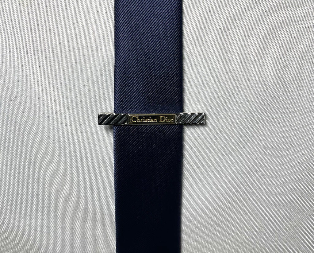 Auth [Rare] Christian Dior Logo pattern Line Tie Clip Bar pin Gold & silver