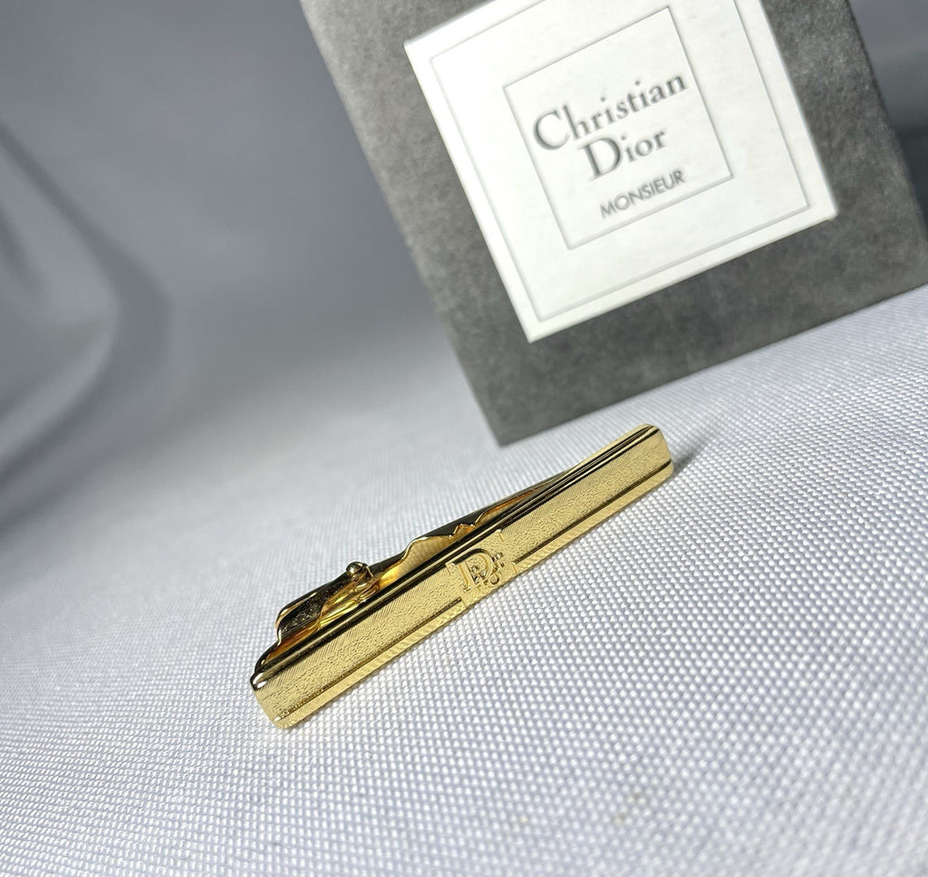 Auth [Rare] Dior tie clip logo tie bar tie pin gold vintage Mens Business +Box