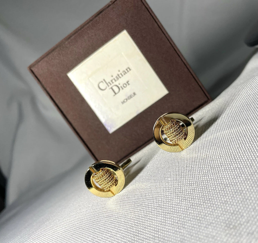 Auth [Beautiful] Dior CD & mesh Design & Oval vintage Cufflinks Gold +Box Gift