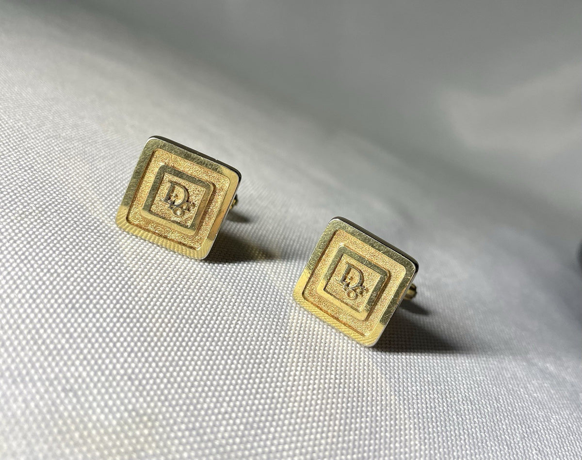 Auth [Rare] Dior Brand Logo & line Vintage square Cufflinks gold Business men